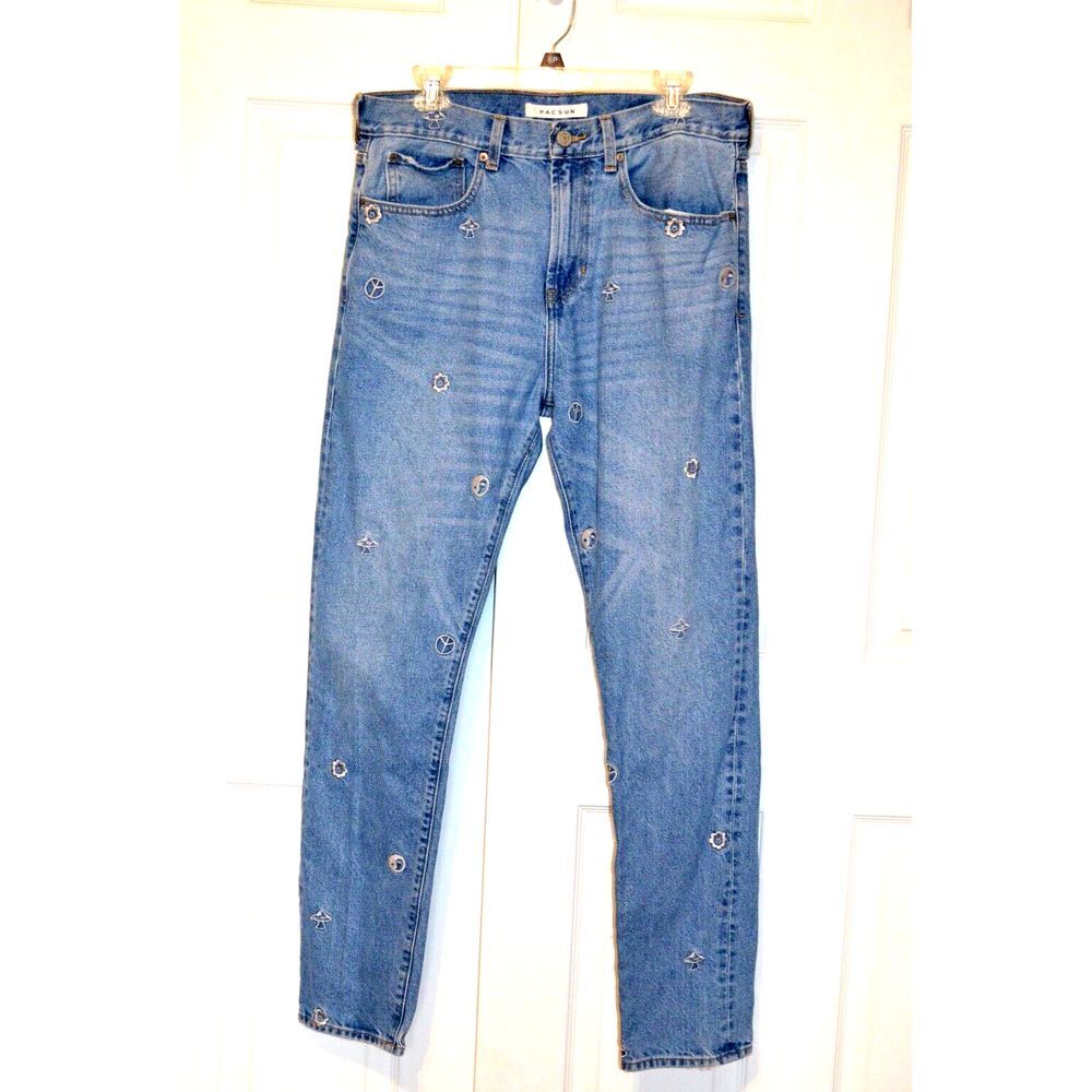 PacSun Jeans Men's 32 Inseam 31"  Slim Taper Embroidered Peace Mushrooms Flowers
